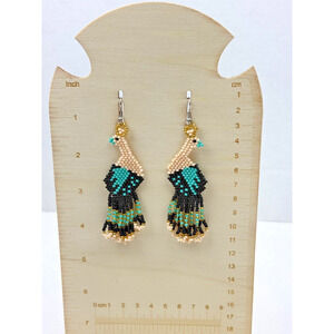 Peacock Bird Earrings Large Boho Festival Blue Black Cream Gold Seed Beads